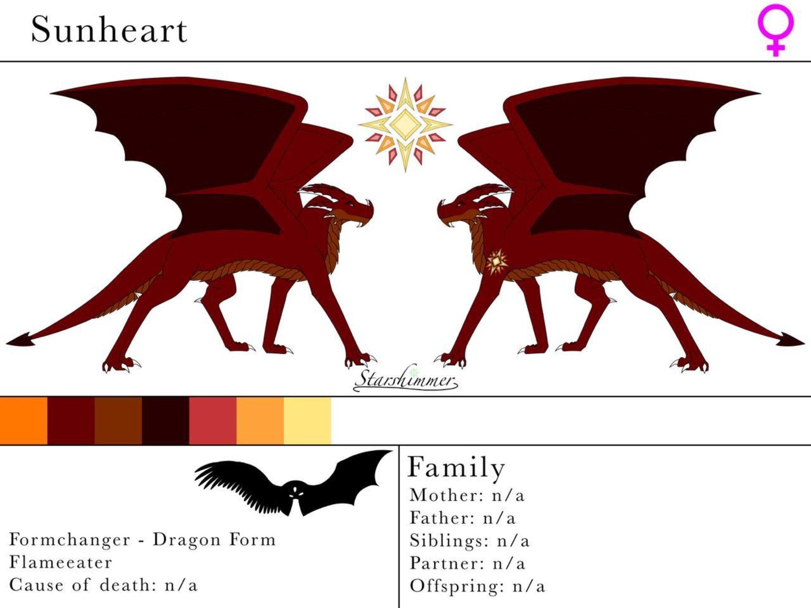 Sunheart, a maroon and gold Flameeater dragon